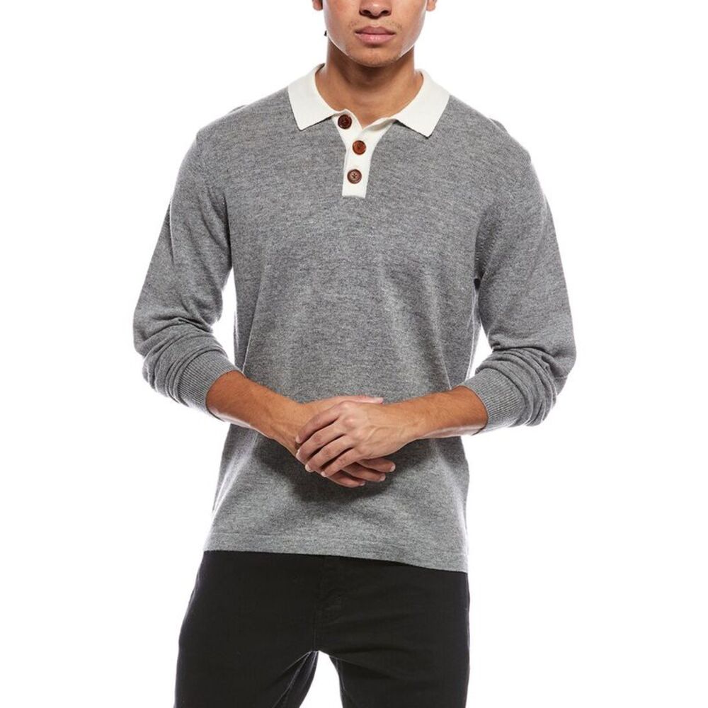 Brodie Cashmere Mens Solid Wool & Cashmere-Blend Rugby Shirt, Gray